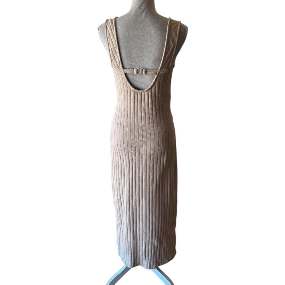Sancia Ribbed Knit Maxi Dress XS Tan Beige Cotton Sleeveless Belted Tie Front - Picture 6 of 9